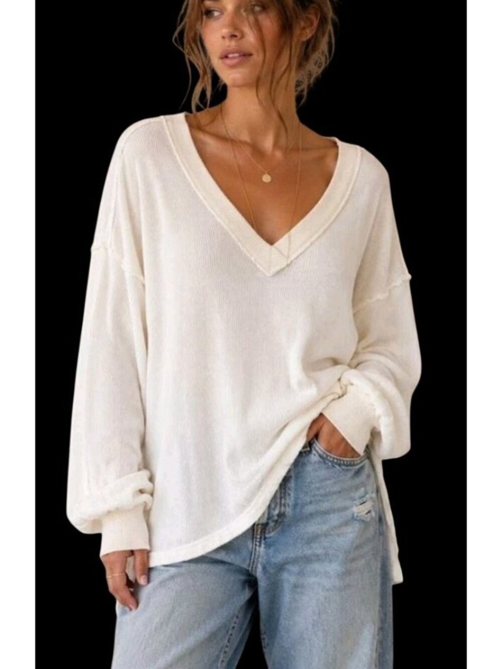 We the Free People Asher Thermal Oversized Slouchy Long Sleeve V Neck White SZ M